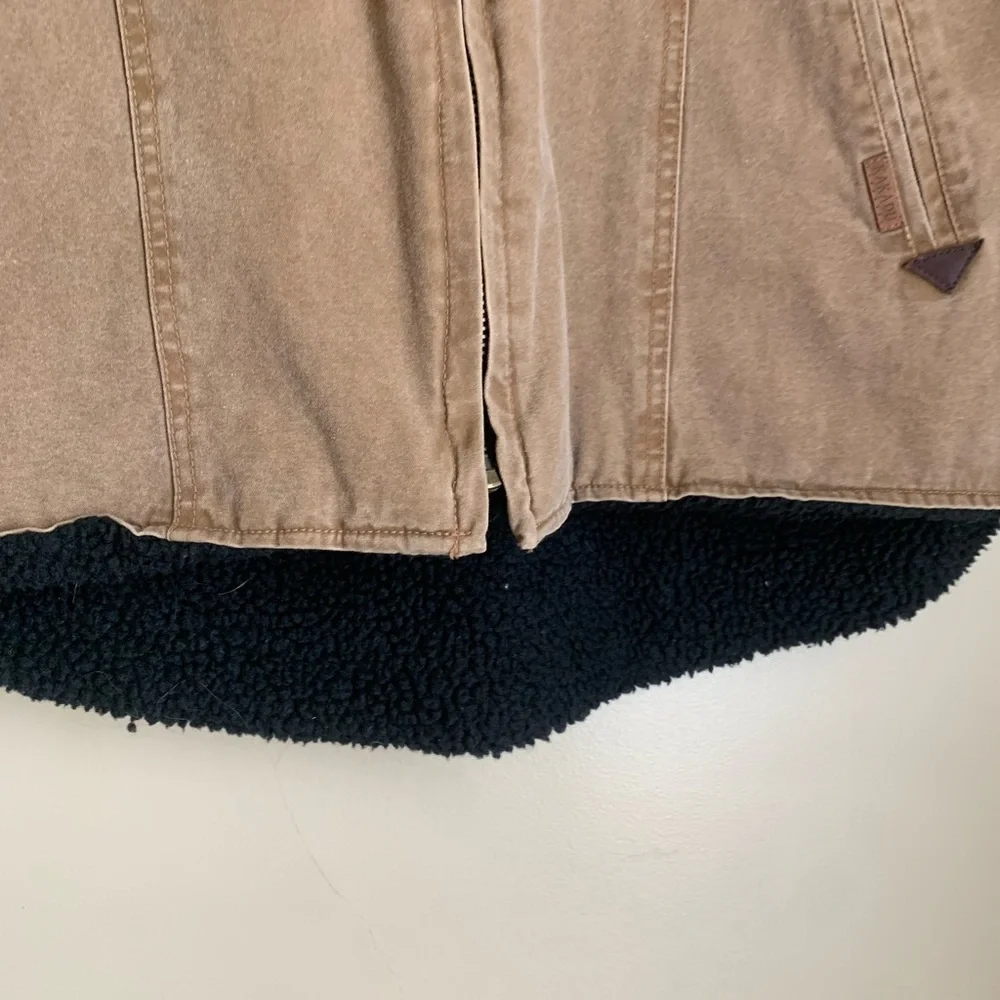 Kakadu Traders Australia Vest Brown Canvas Sherpa Lined  Leather Collar